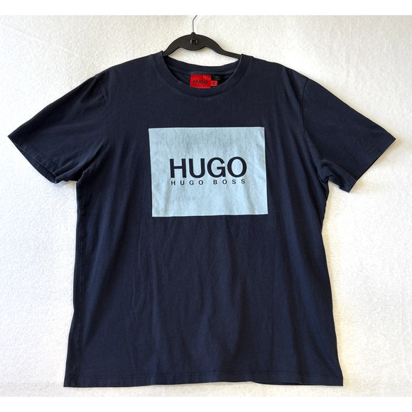 Hugo Boss Mens Large Box Logo Crew Neck Short Sleeve T-Shirt Navy Blue - Picture 1 of 9